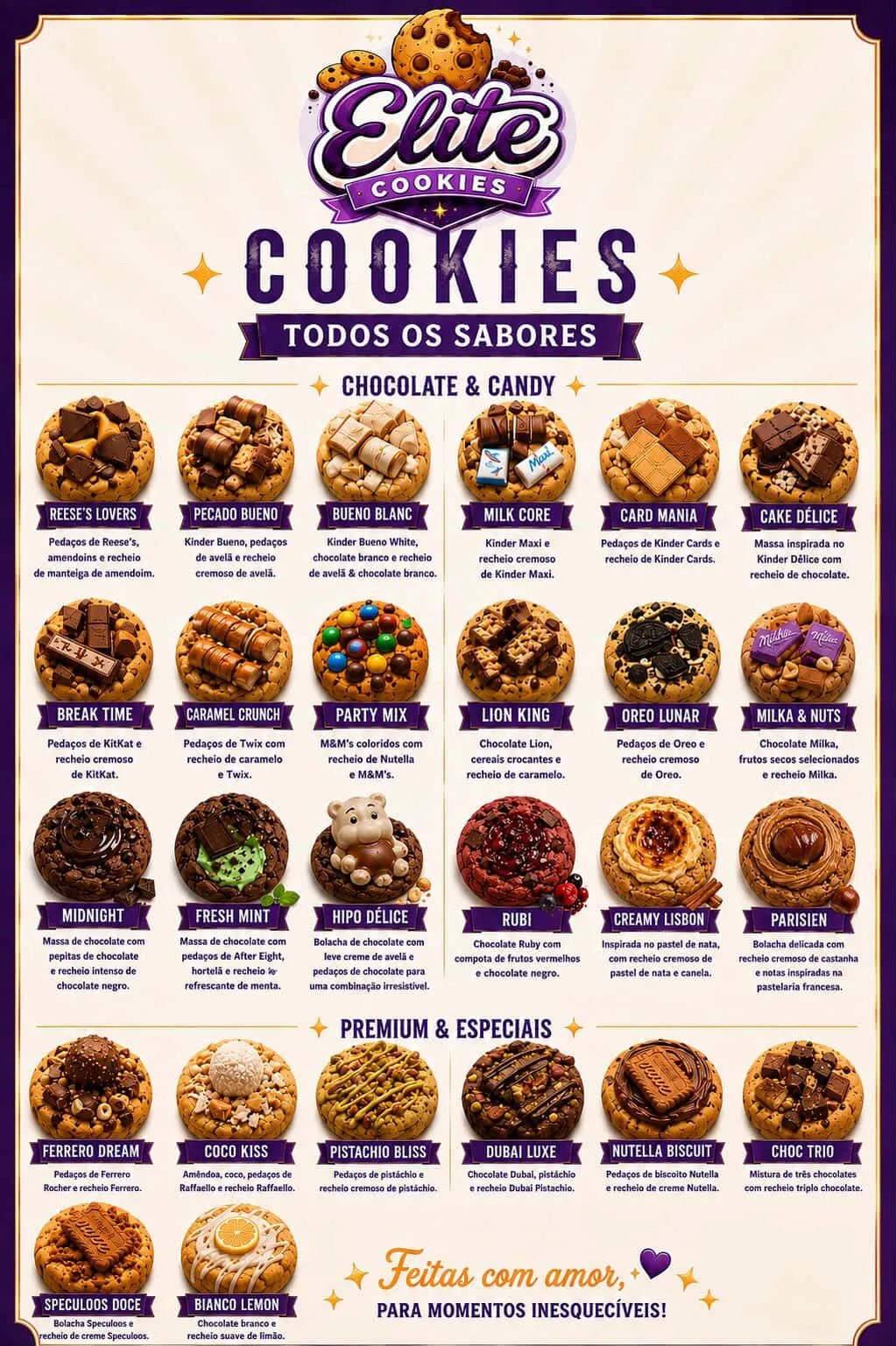 Menu completo de sabores Elite Cookies