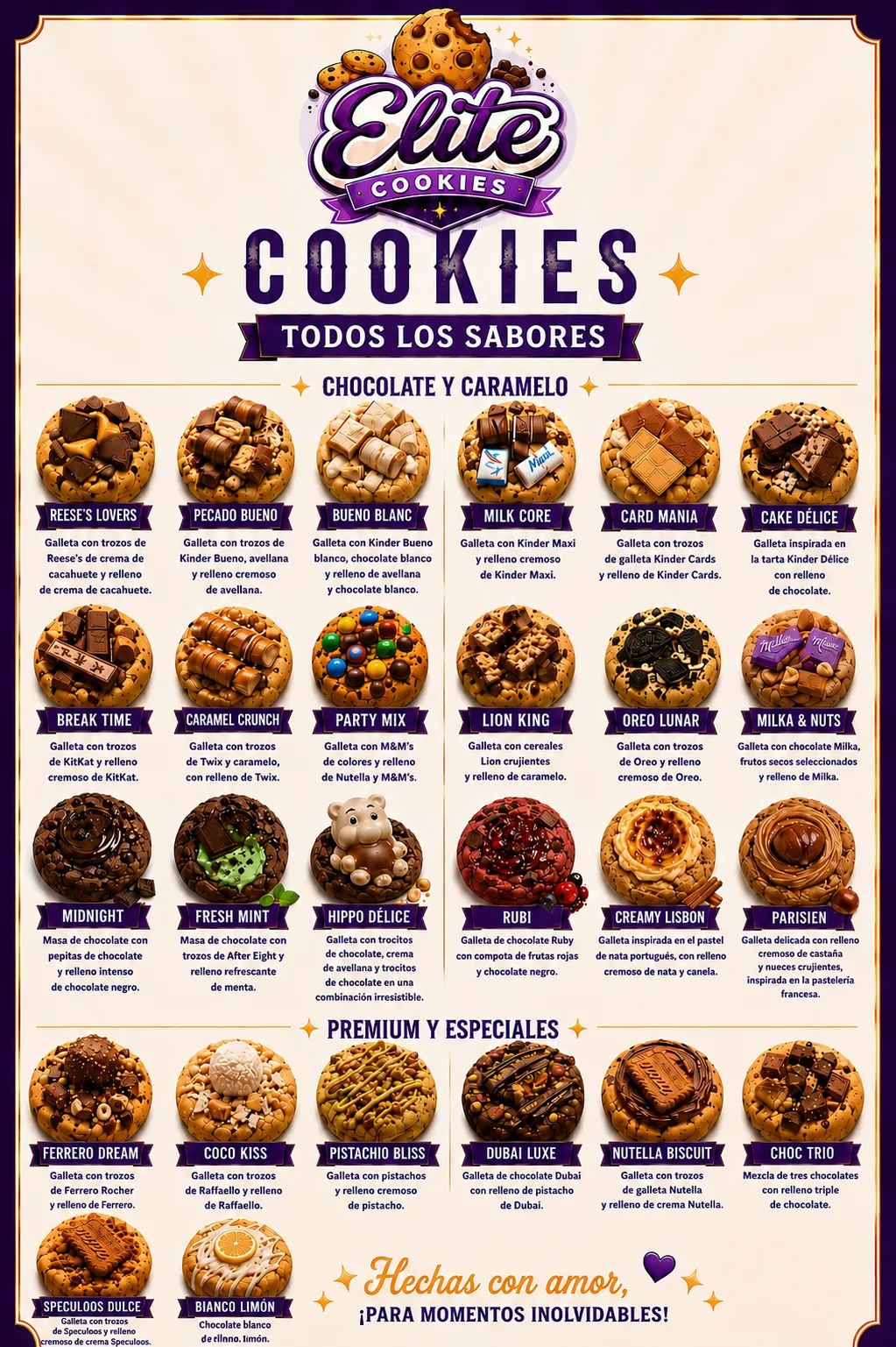 Menú completo de sabores Elite Cookies