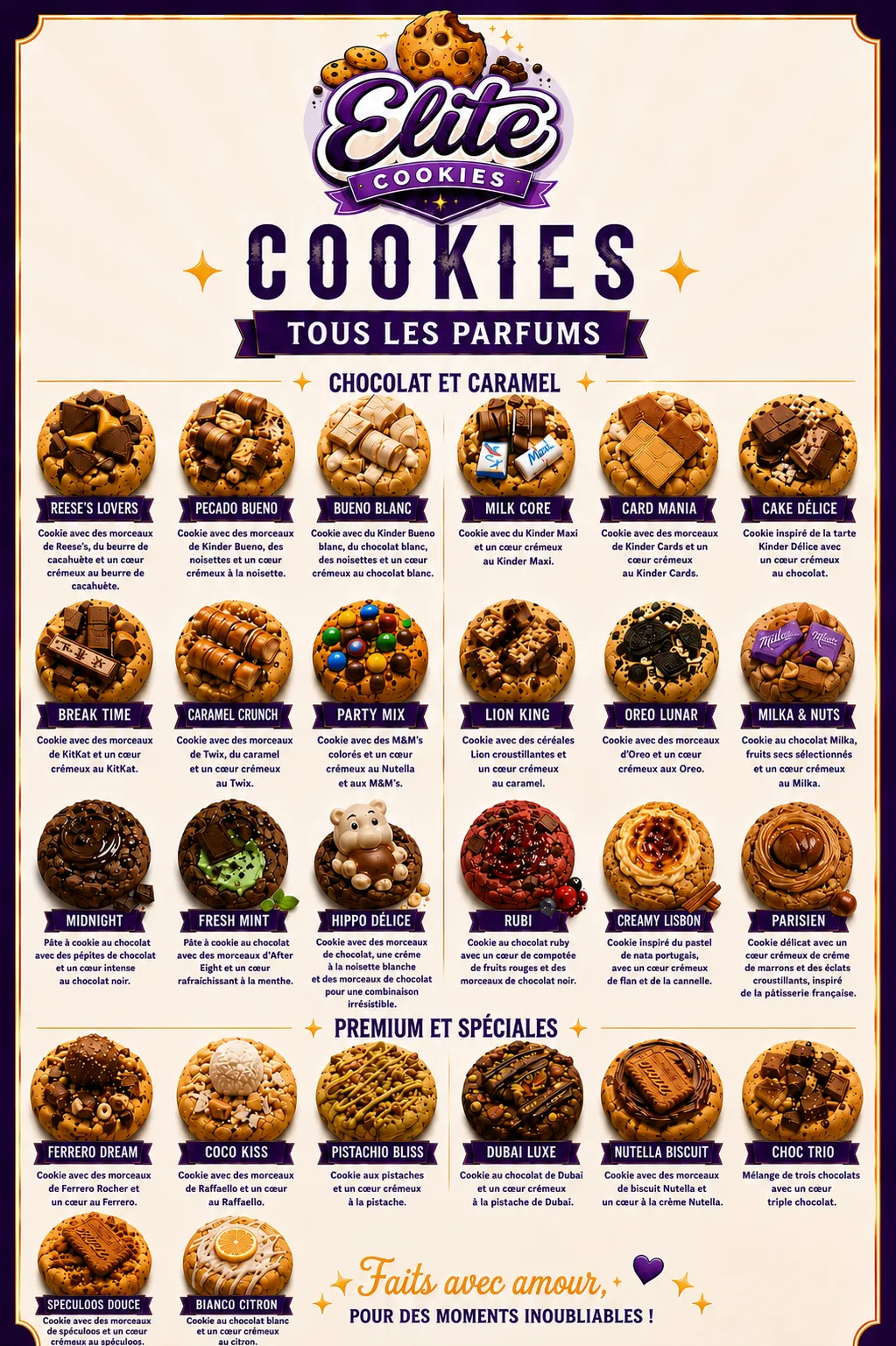 Menu complet des saveurs Elite Cookies